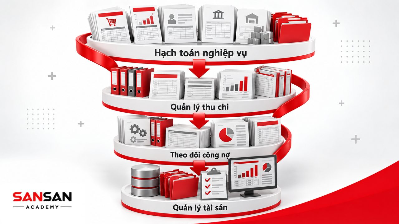 Chức năng phòng kế toán gồm hạch toán nghiệp vụ, quản lý thu chi, công nợ, tài sản, hàng tồn kho và chi phí.