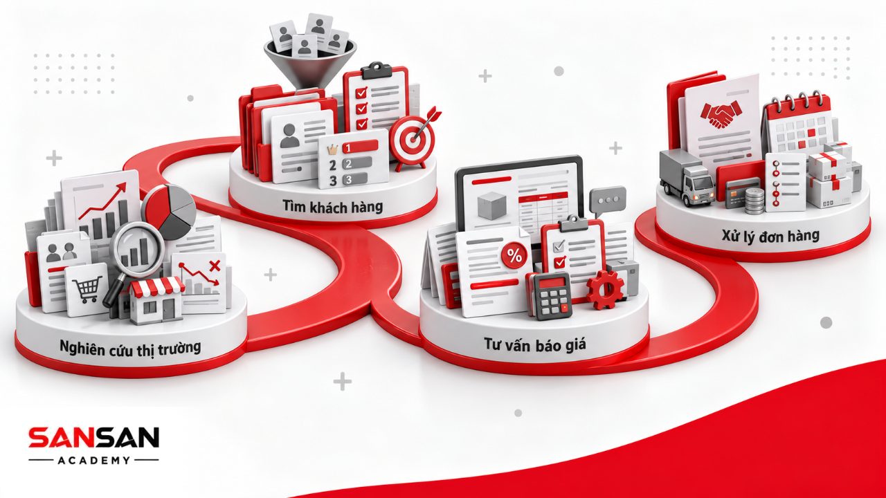Chức năng phòng kinh doanh gồm nghiên cứu thị trường, tìm khách hàng, tư vấn báo giá, đàm phán và phối hợp xử lý hợp đồng đơn hàng.