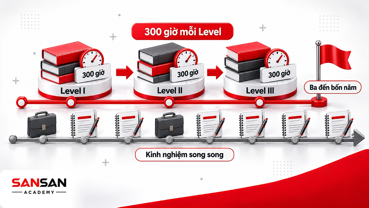 Dòng thời gian chứng chỉ CFA: học khoảng 300 giờ mỗi Level, kinh nghiệm tích lũy song song