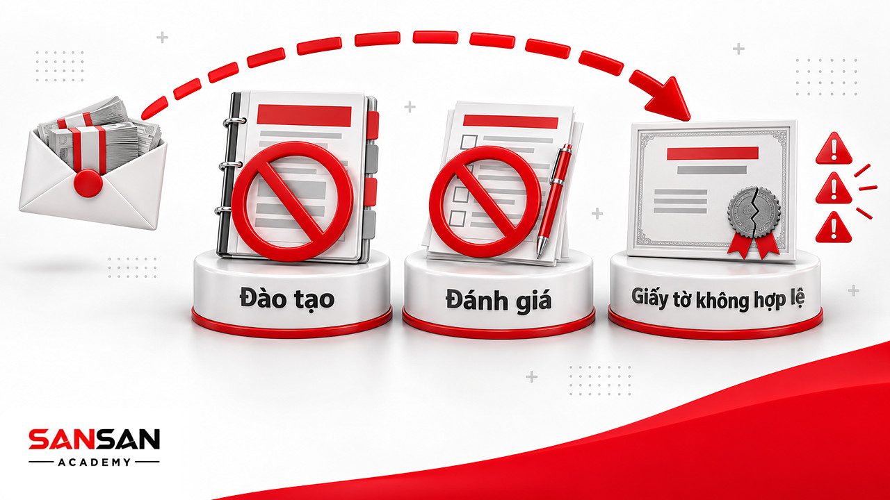 Mũi tên nhảy qua đào tạo và đánh giá khi mua chứng chỉ kế toán, dẫn tới giấy tờ không hợp lệ