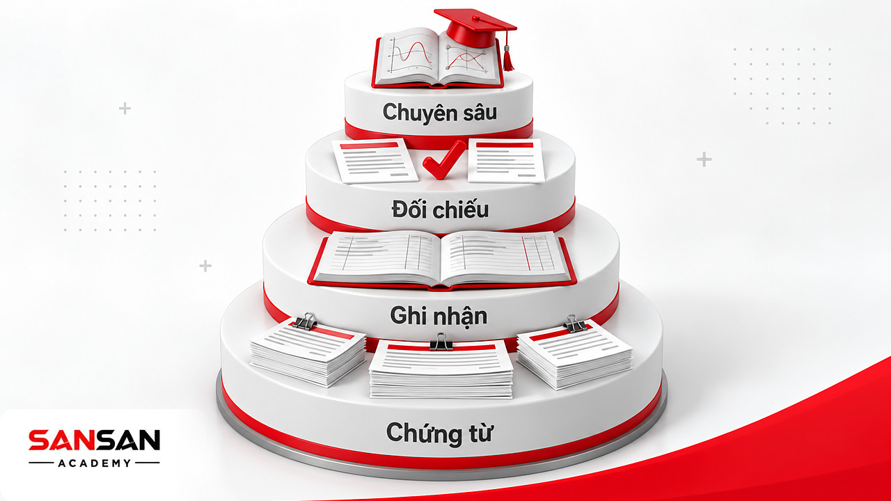 Kim tự tháp kiến thức nền cho người mới học chứng chỉ kế toán, từ chứng từ, ghi nhận đến đối chiếu