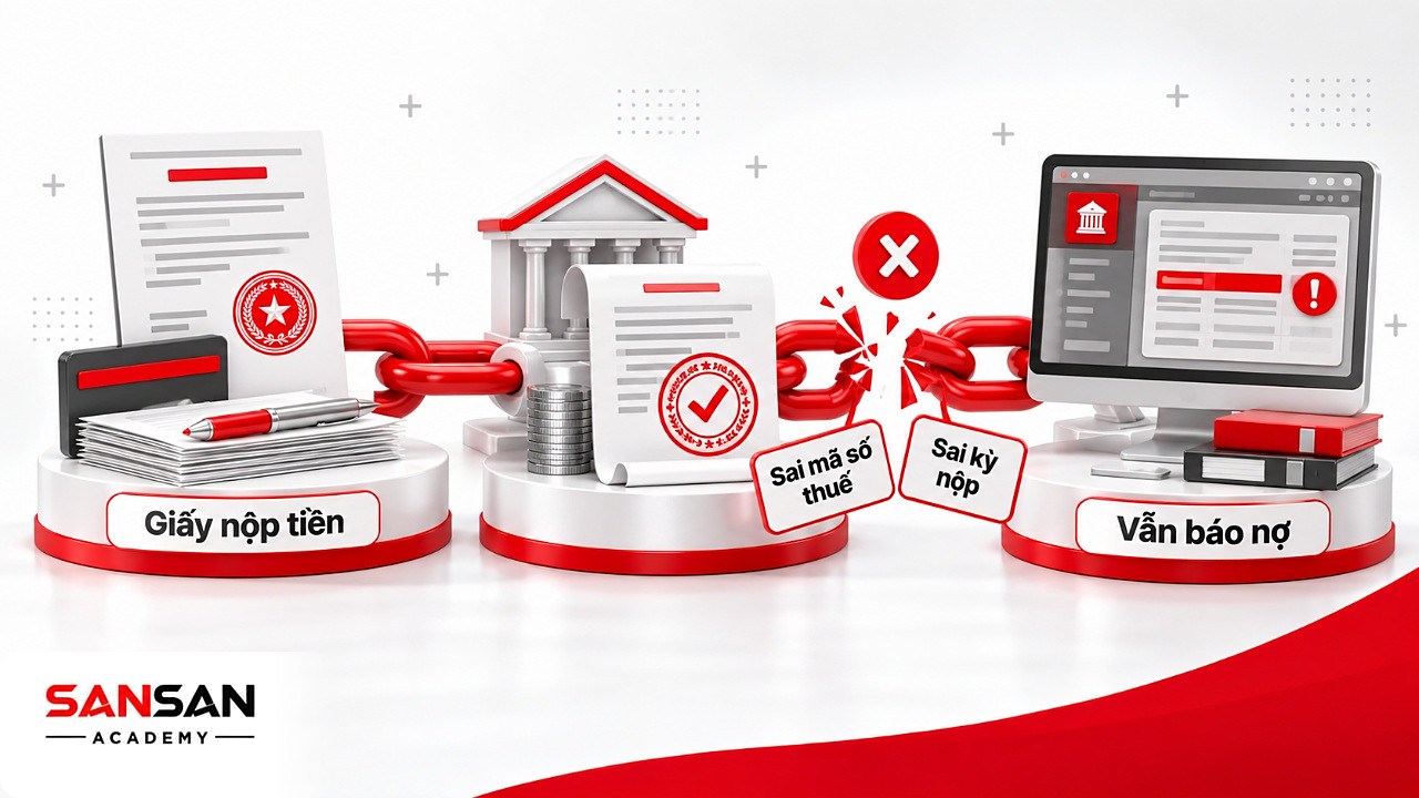 Chuỗi chứng từ nộp thuế môn bài đứt ở mã số thuế và kỳ nộp nên tài khoản thuế vẫn báo nợ