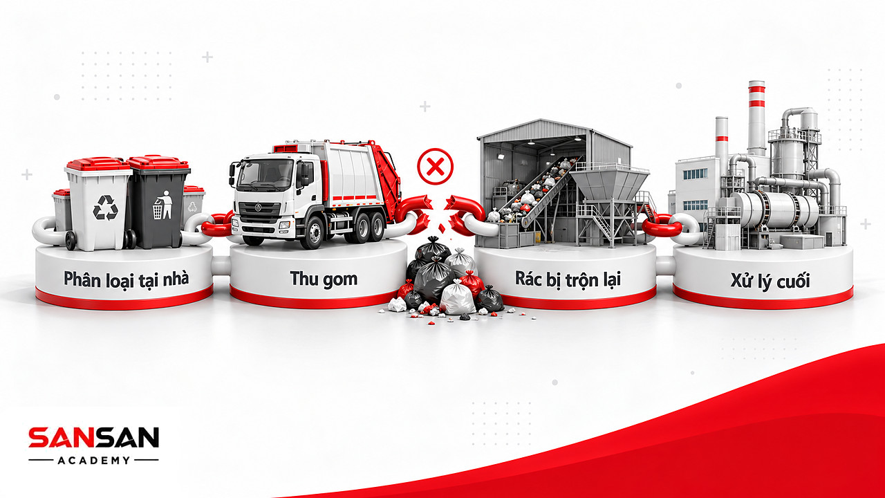 Chuỗi phân loại, thu gom, trung chuyển, xử lý rác bị đứt làm rác trộn lại, phá vỡ môi trường xanh