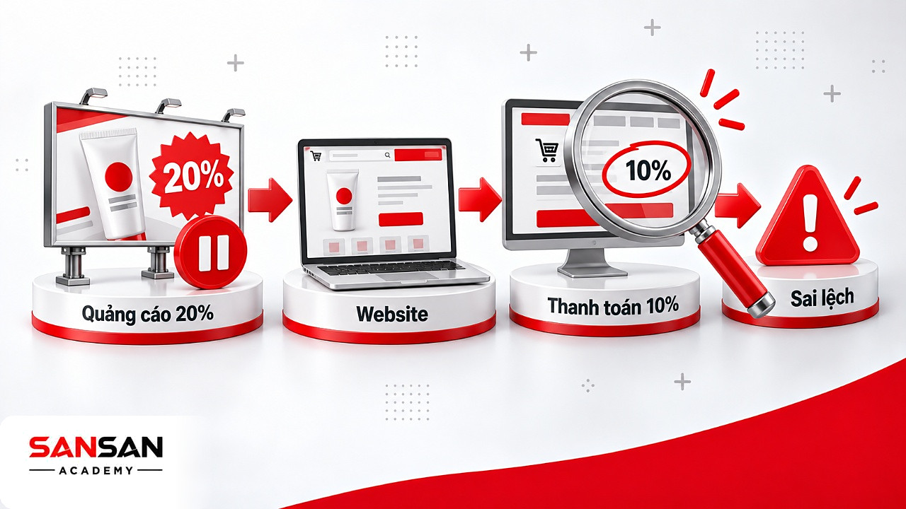 Kính lúp soi sai lệch giữa quảng cáo giảm 20% và bước thanh toán chỉ giảm 10% của chương trình khuyến mãi
