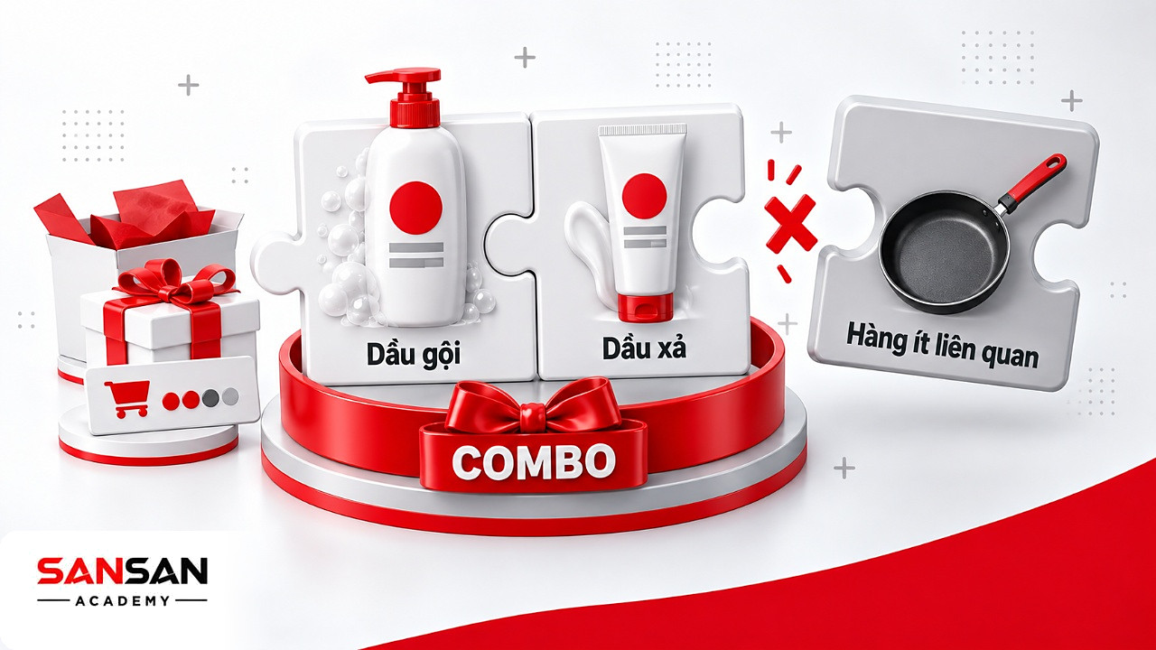 Mảnh ghép combo dầu gội và dầu xả khớp nhau trong chương trình khuyến mãi, hàng ít liên quan bị loại