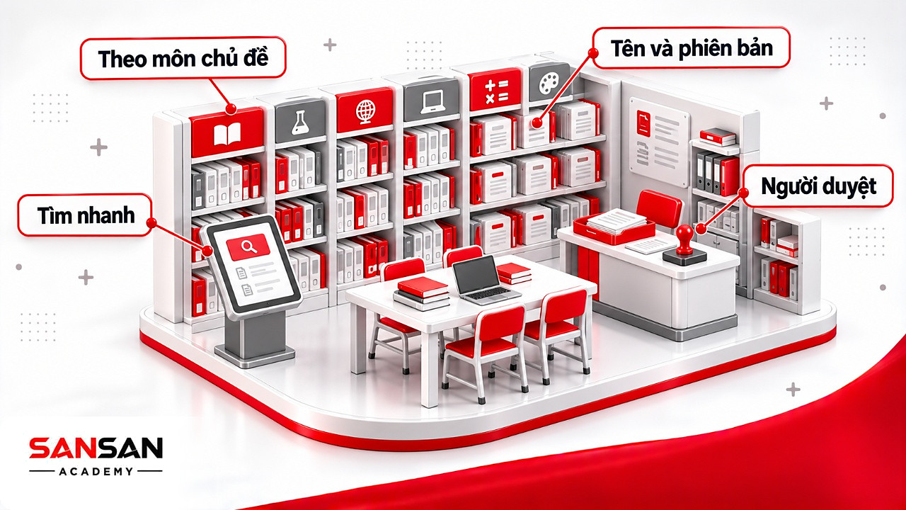 Mô hình kho học liệu số xếp theo môn, có thẻ phiên bản và bàn duyệt, phục vụ chuyển đổi số trong giáo dục