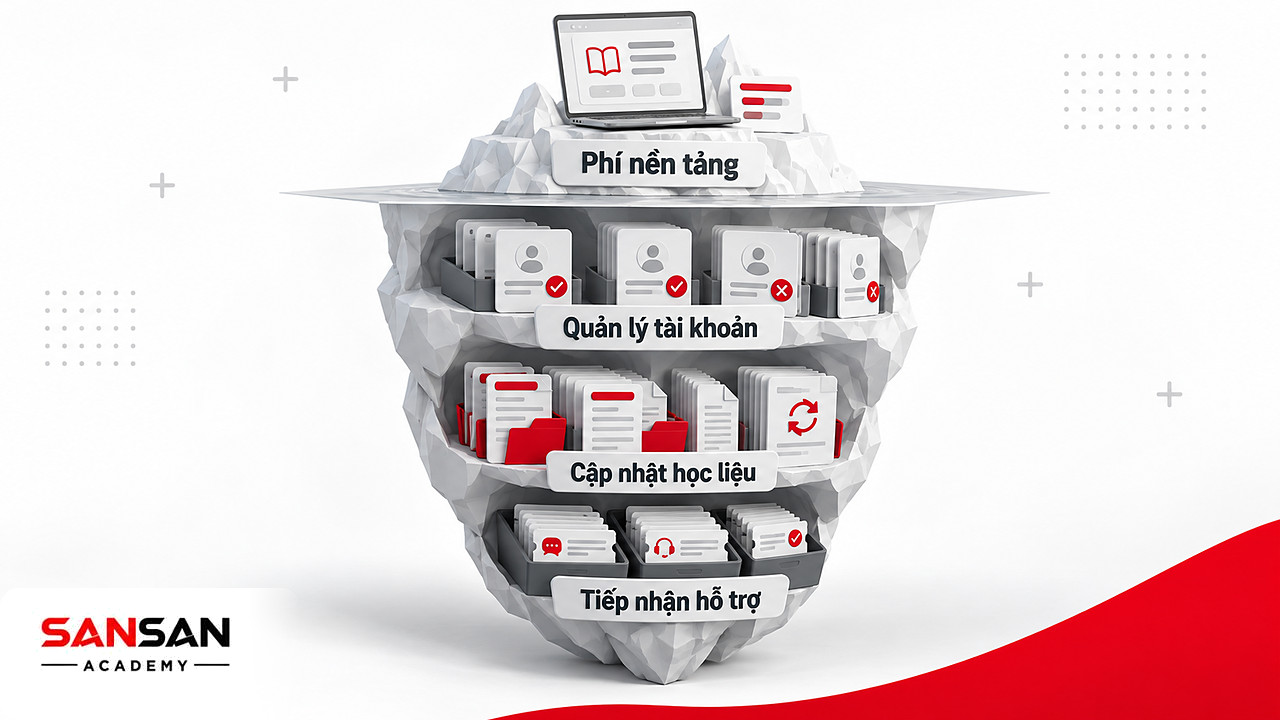 Tảng băng chi phí nền tảng với tài khoản, học liệu và hỗ trợ chìm bên dưới khi chuyển đổi số trong giáo dục