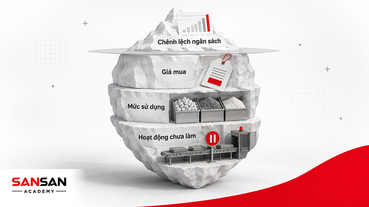 Tảng băng chìm phân tích chênh lệch ngân sách theo CMA: giá mua, mức sử dụng và hoạt động chưa làm