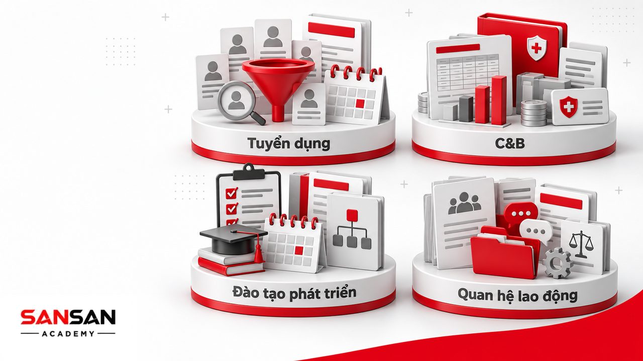 Cơ cấu phòng nhân sự gồm tuyển dụng, lương thưởng phúc lợi, đào tạo phát triển, quan hệ lao động và HR Admin.