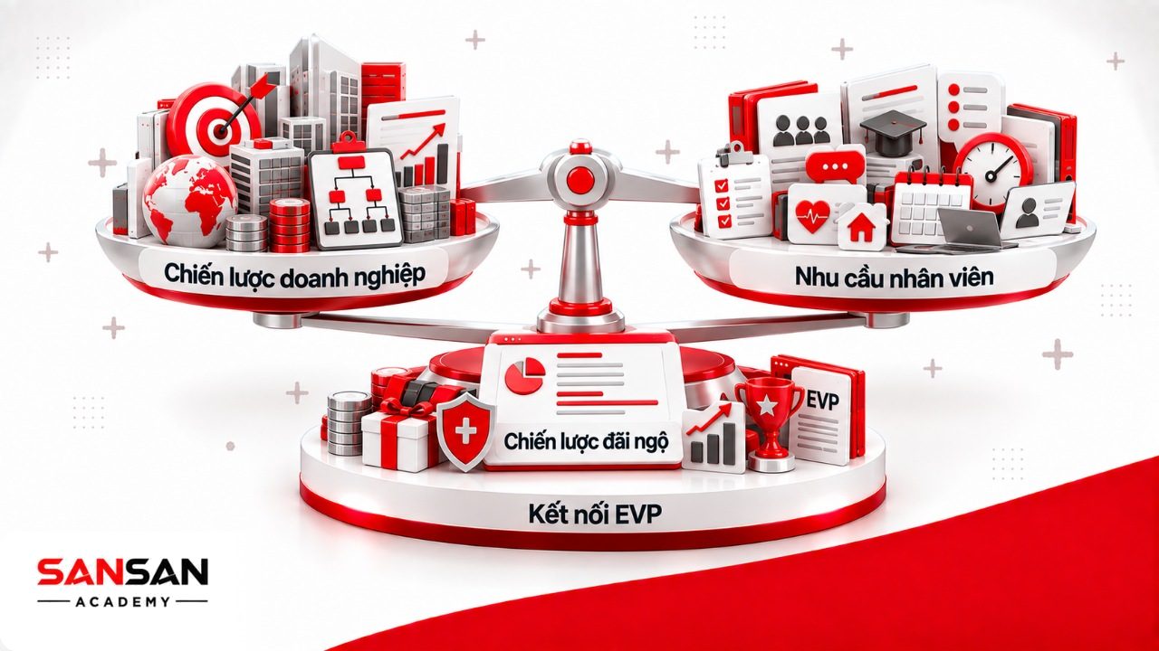 Cơ chế Total Rewards cân bằng chiến lược doanh nghiệp, thị trường lao động, nhu cầu nhân viên và Employee Value Proposition.