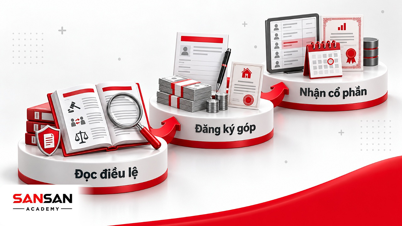 Các bước trở thành cổ đông khi thành lập công ty: đọc điều lệ, đăng ký mua, góp tài sản và ghi nhận sở hữu.