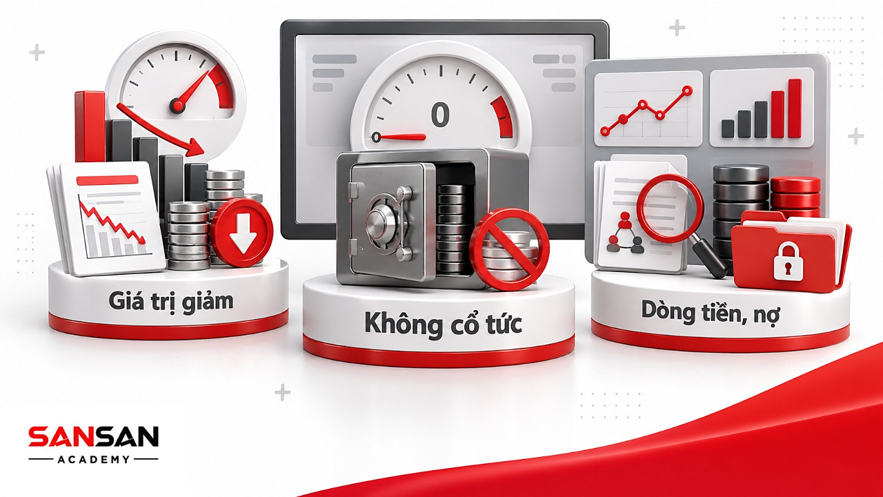 Bảng đo rủi ro của cổ đông: giá trị cổ phần giảm, cổ tức bằng không, dòng tiền và mức nợ cần theo dõi.