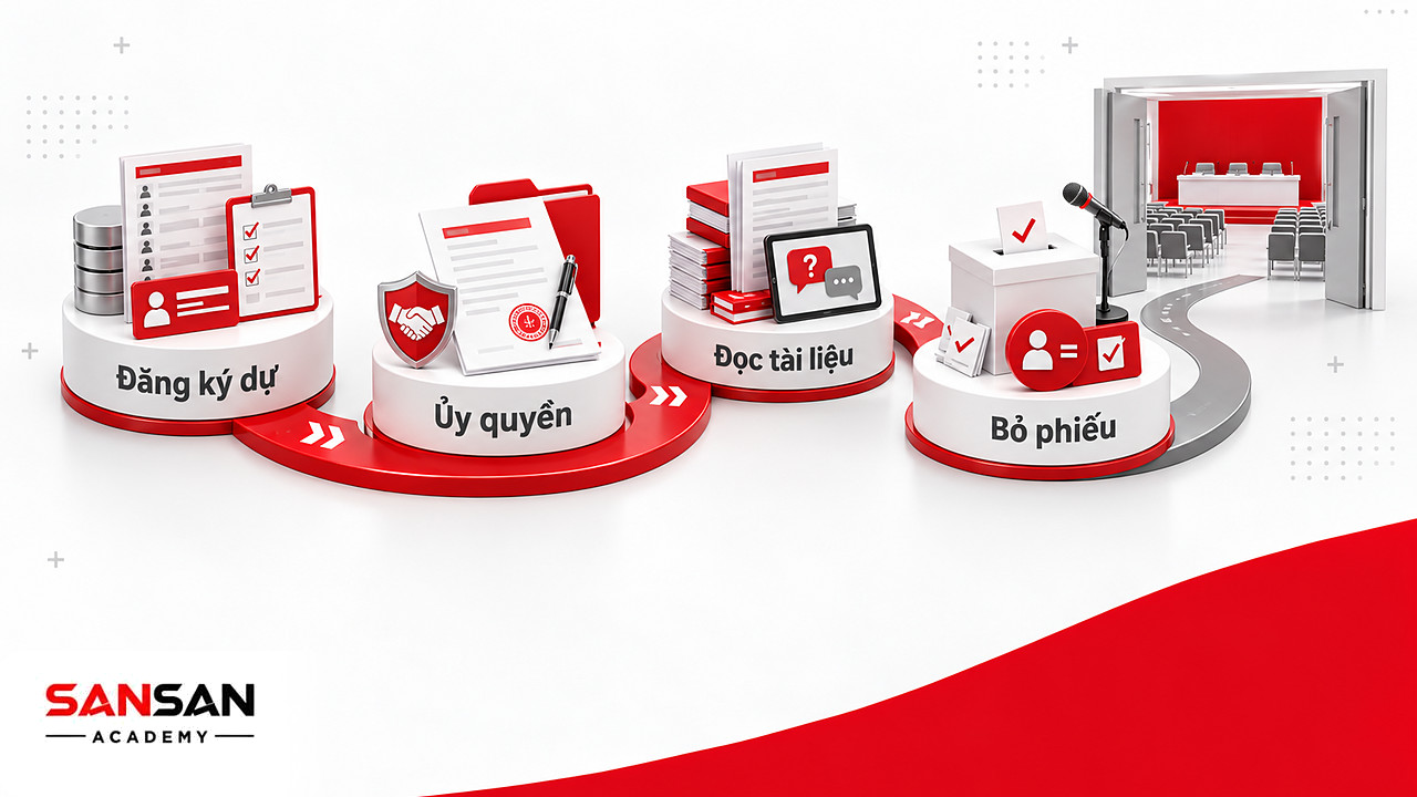 Cổ đông đi từ đăng ký dự họp, ủy quyền, đọc tài liệu đến phát biểu và bỏ phiếu tại Đại hội đồng cổ đông.