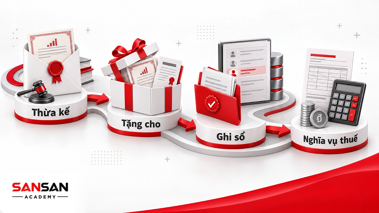 Cổ đông mới nhận cổ phần qua thừa kế hoặc tặng cho, hoàn tất giấy tờ, ghi sổ đăng ký và xử lý nghĩa vụ thuế.