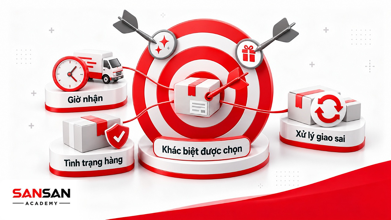 Bia mục tiêu với hồng tâm là giờ nhận, tình trạng hàng, xử lý giao sai, nơi cơ hội kinh doanh tạo lợi thế cạnh tranh
