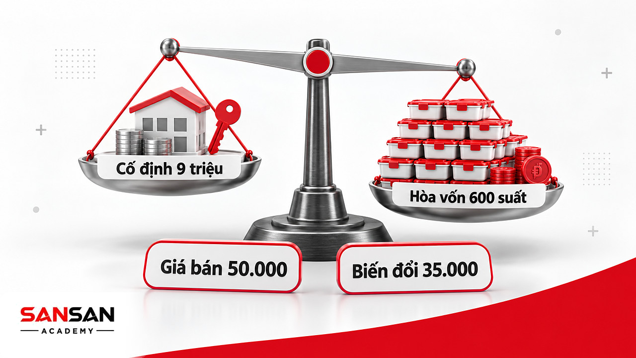 Cán cân hòa vốn cơ hội kinh doanh suất ăn: chi phí cố định 9 triệu cân bằng với 600 suất đóng góp 15.000 đồng