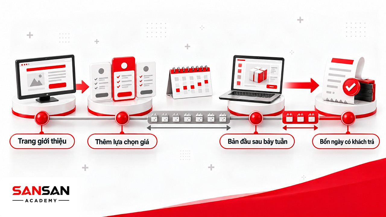 Dòng thời gian kiểm chứng cơ hội kinh doanh của Buffer: trang giới thiệu, lựa chọn giá, bản đầu và khách trả tiền
