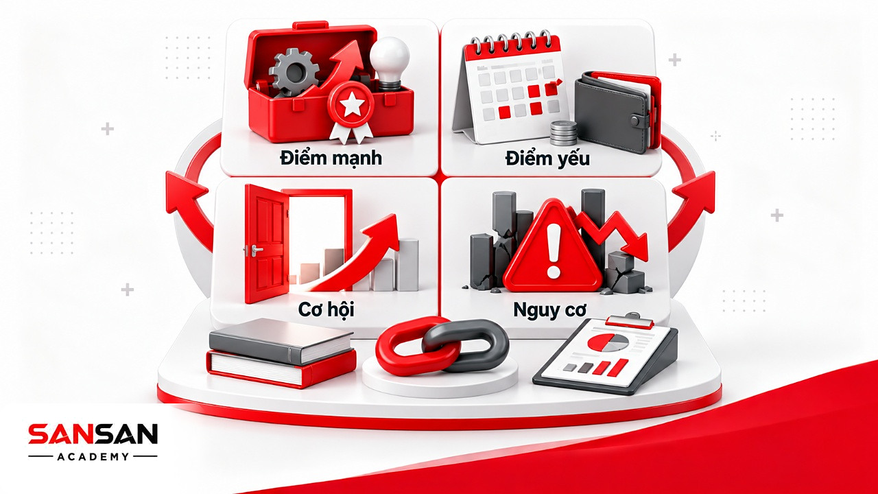 Ma trận SWOT bốn ô điểm mạnh, điểm yếu, cơ hội, nguy cơ để xét cơ hội kinh doanh có hợp năng lực thực hiện