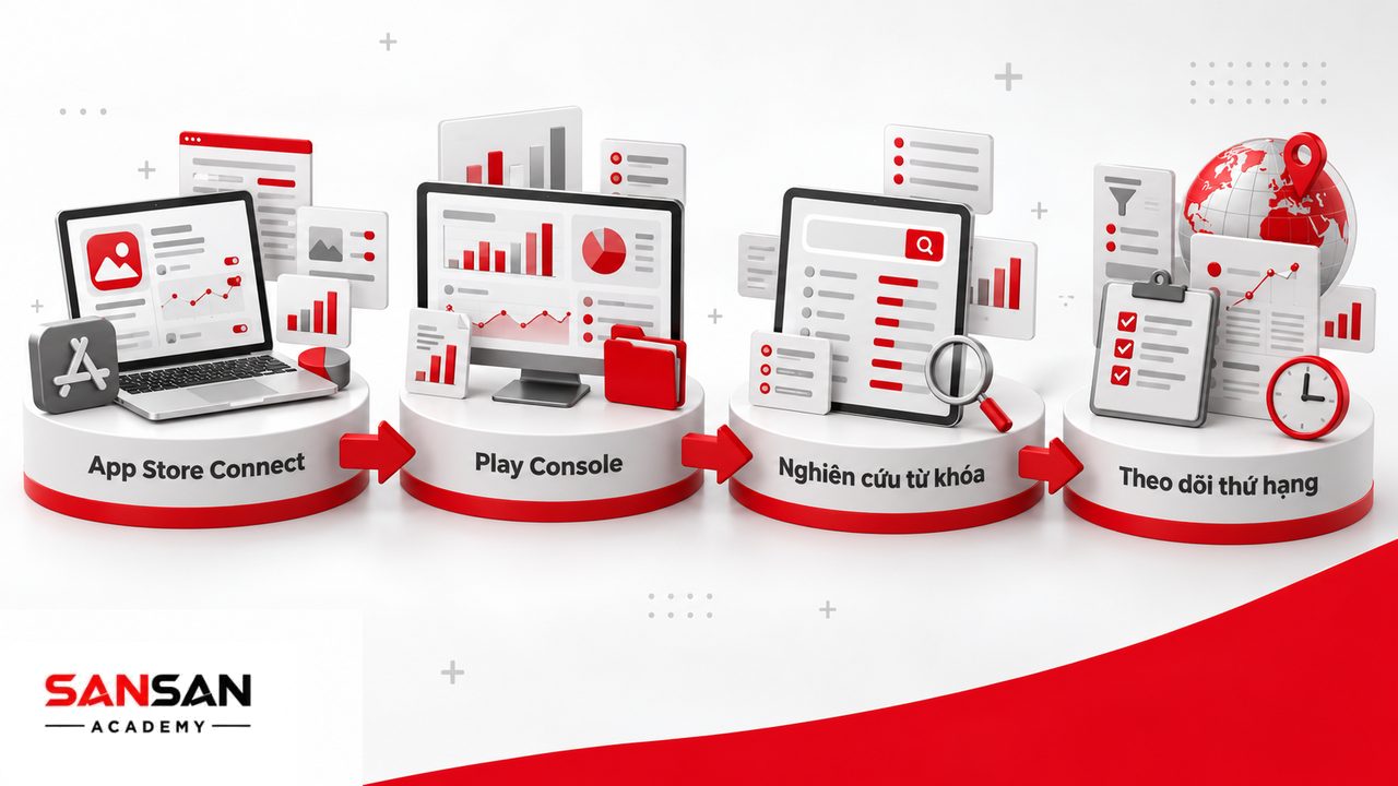 Công cụ ASO gồm App Store Connect, Google Play Console và các công cụ nghiên cứu từ khóa, theo dõi thứ hạng như AppTweak hoặc MobileAction.
