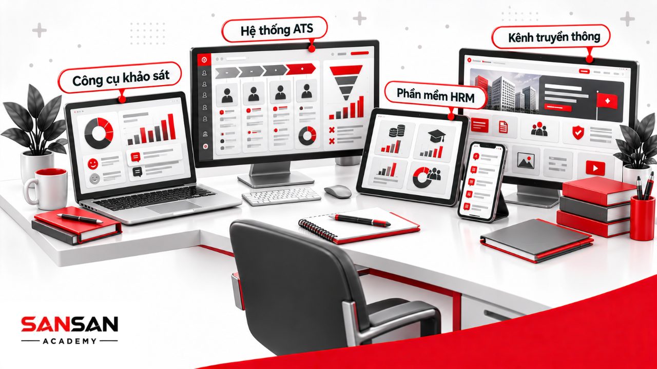 Công cụ hỗ trợ EVP gồm khảo sát nhân viên, ATS, phần mềm HRM, kênh truyền thông nội bộ và trang tuyển dụng.