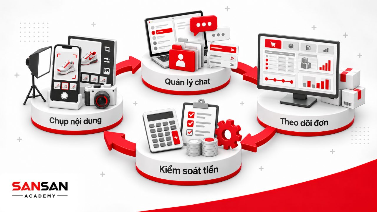 Công cụ bán hàng online gồm điện thoại, quản lý hội thoại, bảng tính theo dõi tồn kho, đơn hàng, thu chi và CRM khi cần.