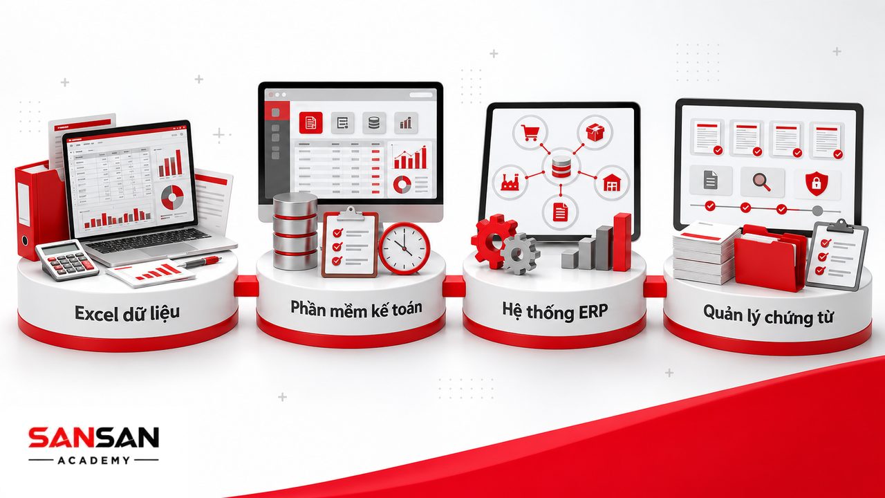 Công cụ phòng kế toán gồm Excel, phần mềm kế toán, ERP và hệ thống quản lý hóa đơn chứng từ điện tử.