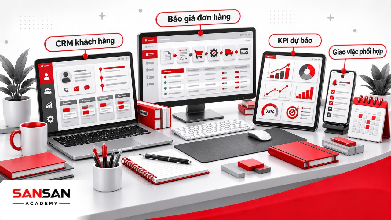 Công cụ phòng kinh doanh gồm CRM, hệ thống báo giá hợp đồng đơn hàng, bảng KPI dự báo và công cụ giao việc phối hợp nội bộ.