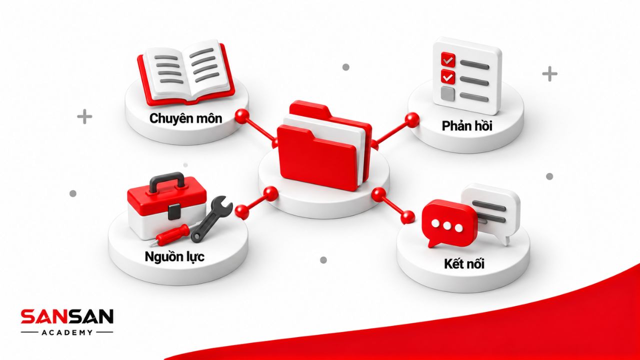 Infographic 3D về mạng lưới hỗ trợ khởi nghiệp với bốn yếu tố: chuyên môn, phản hồi, nguồn lực và kết nối.