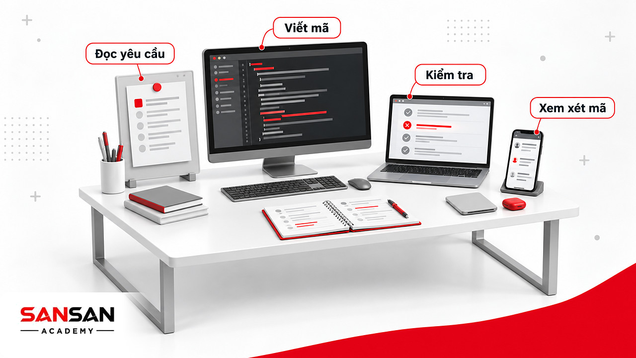 Bàn làm việc của lập trình viên công nghệ thông tin với yêu cầu, mã nguồn, kết quả kiểm thử và xem xét mã