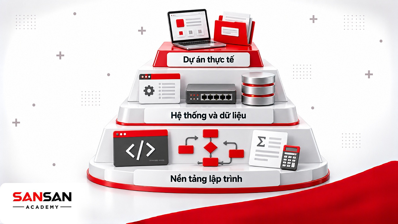 Kim tự tháp kiến thức ngành công nghệ thông tin: lập trình nền tảng, hệ thống và dữ liệu, dự án thực tế