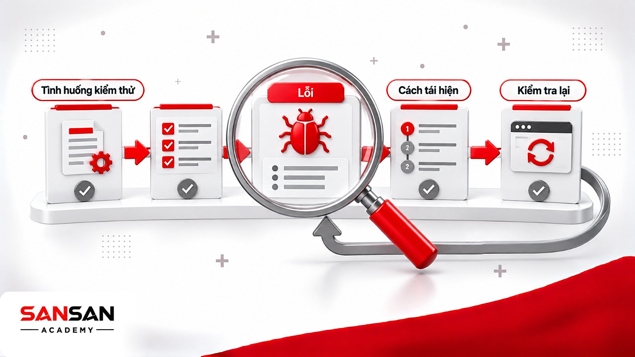 Kính lúp soi một lỗi trong chuỗi tình huống kiểm thử, công việc đảm bảo chất lượng trong công nghệ thông tin