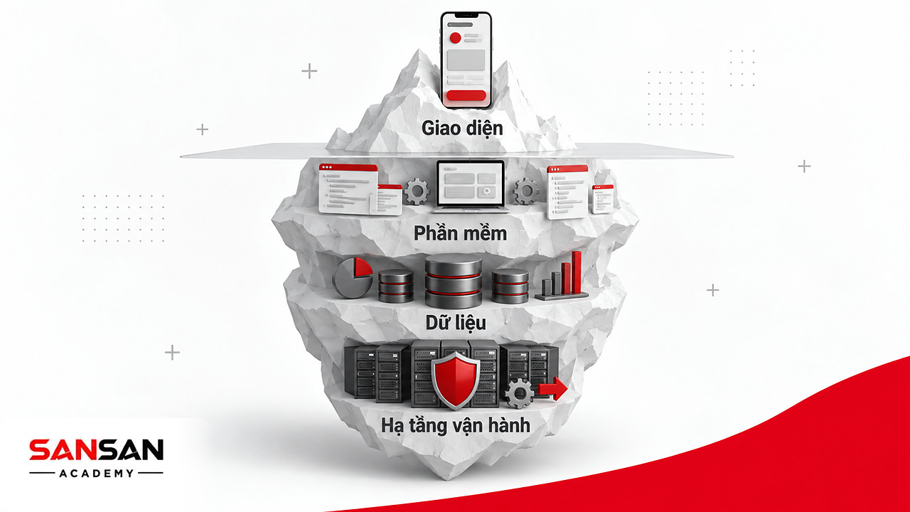 Tảng băng chìm: giao diện nổi trên, phần mềm, dữ liệu và hạ tầng công nghệ thông tin chìm bên dưới