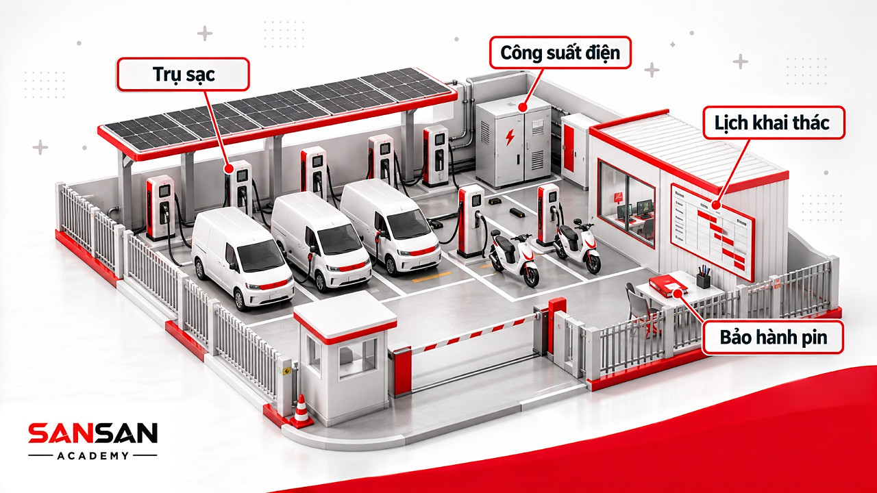 Bãi xe điện có trụ sạc, tủ cấp điện và bảng lịch khai thác khi đơn vị vận tải chuyển sang công nghệ xanh