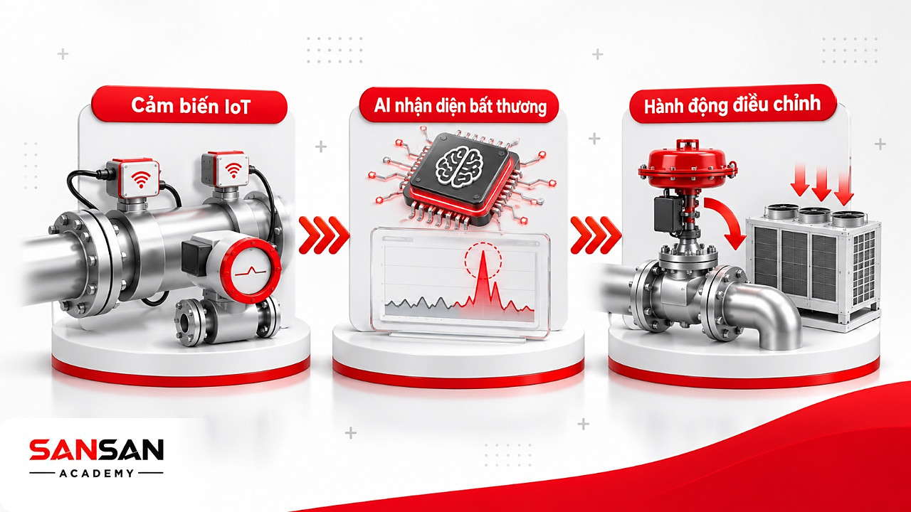 Ba chặng cảm biến IoT, AI nhận diện rò rỉ và hành động điều chỉnh trong ứng dụng công nghệ xanh