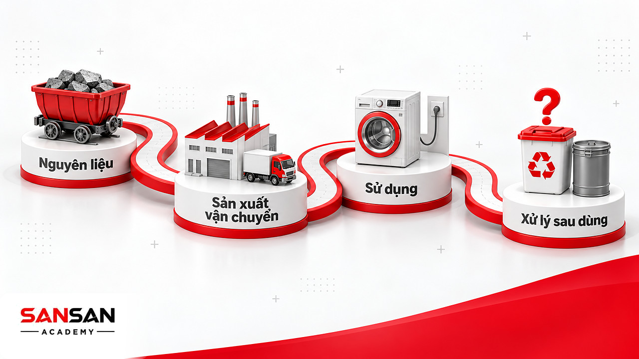 Hành trình vòng đời sản phẩm từ nguyên liệu, sản xuất, sử dụng tới xử lý sau dùng khi đánh giá công nghệ xanh