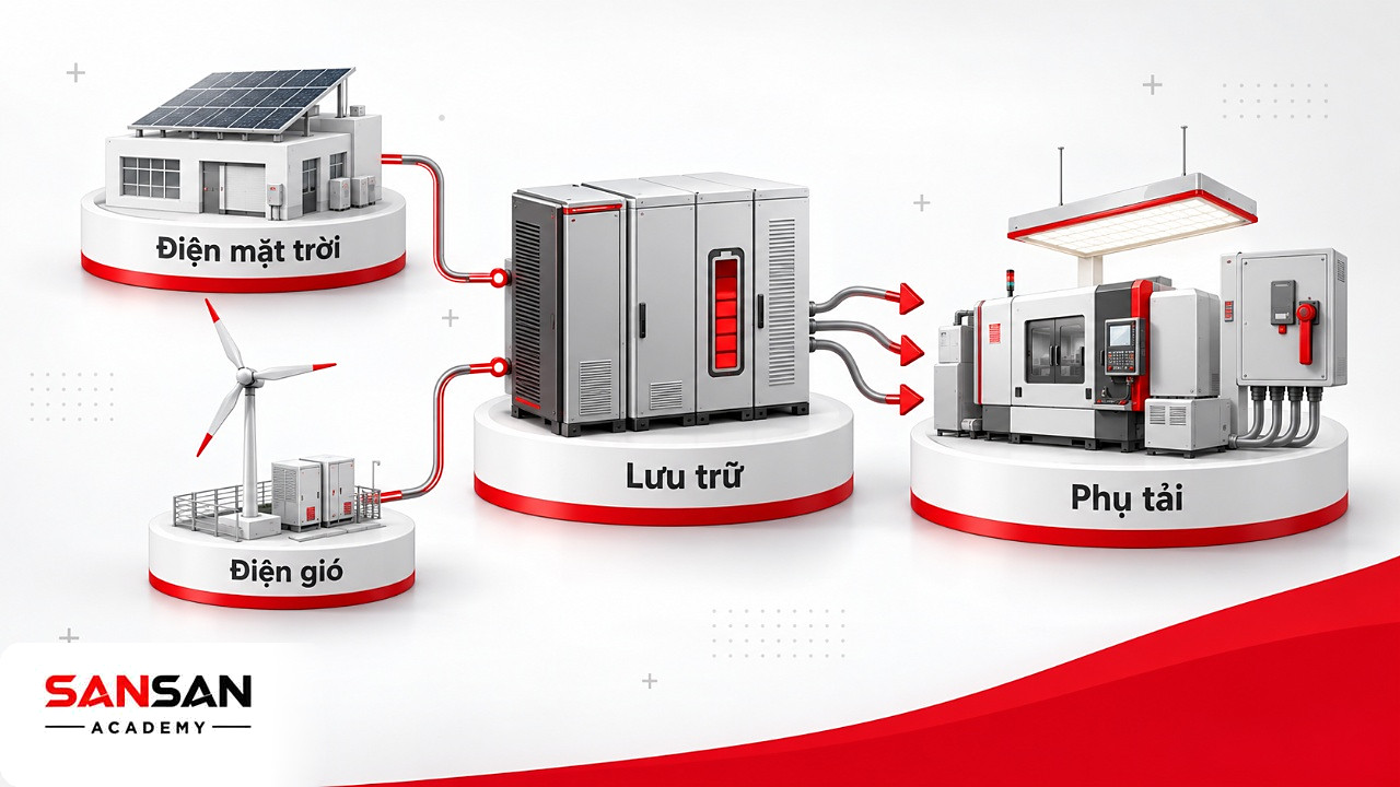 Điện mặt trời và điện gió gom vào tủ lưu trữ rồi chia ra phụ tải, một ứng dụng công nghệ xanh trong cấp điện