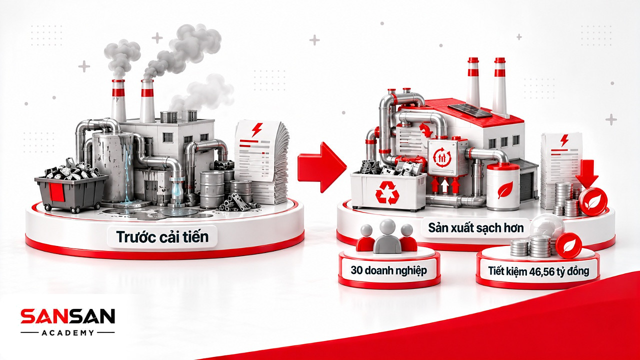 Nhà máy trước và sau khi áp dụng sản xuất sạch hơn, ví dụ công nghệ xanh giúp 30 doanh nghiệp tiết kiệm 46,56 tỷ đồng