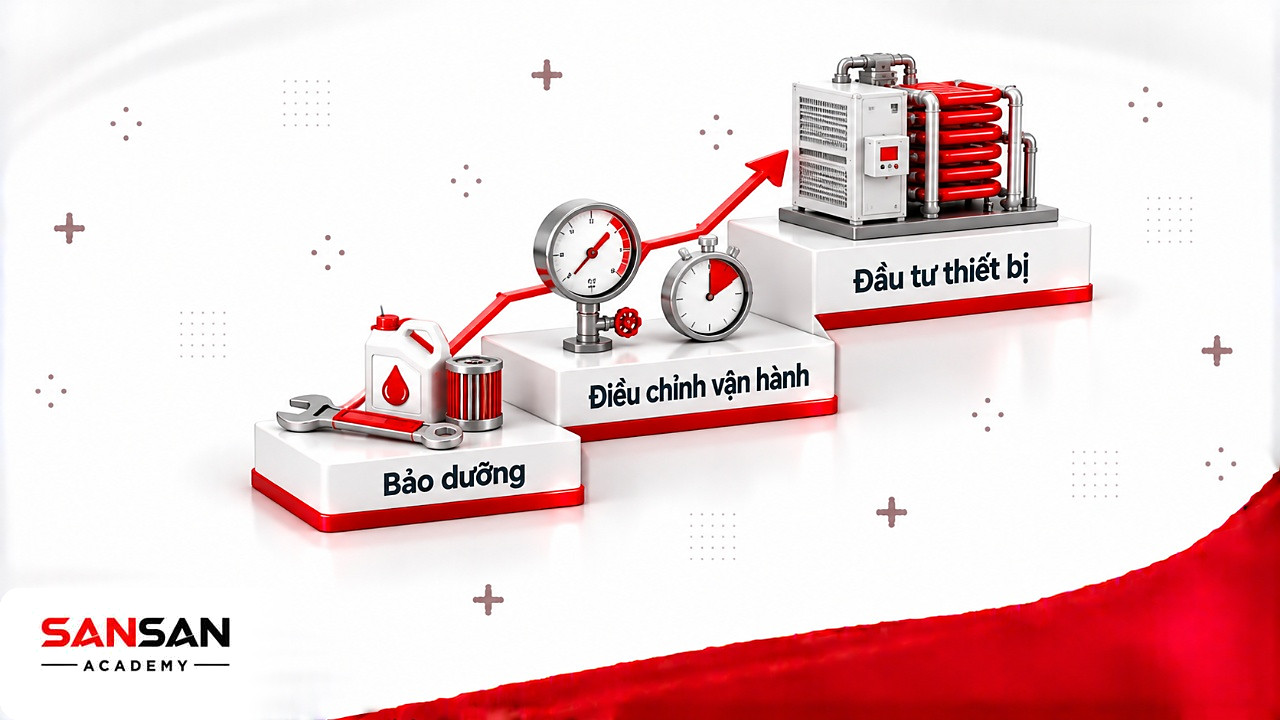Bậc thang giải pháp công nghiệp xanh từ bảo dưỡng, điều chỉnh vận hành đến đầu tư thiết bị thu hồi nhiệt