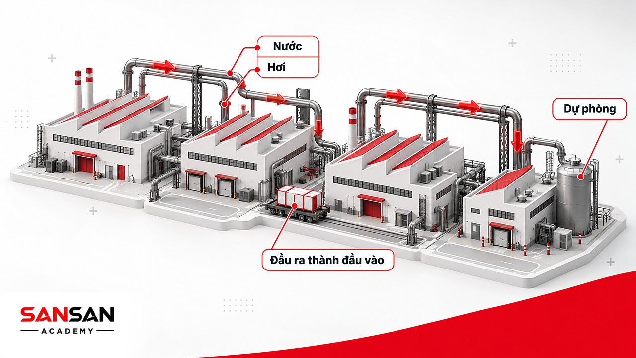 Khu công nghiệp thu nhỏ có đường ống trao đổi nước và hơi giữa các nhà máy, mô hình cộng sinh công nghiệp xanh