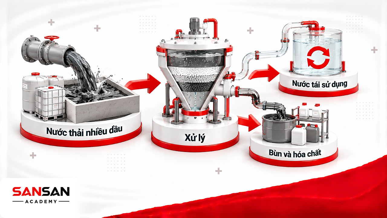 Nước thải nhiều dầu qua hệ thống xử lý thành nước tái sử dụng kèm bùn và hóa chất trong công nghiệp xanh
