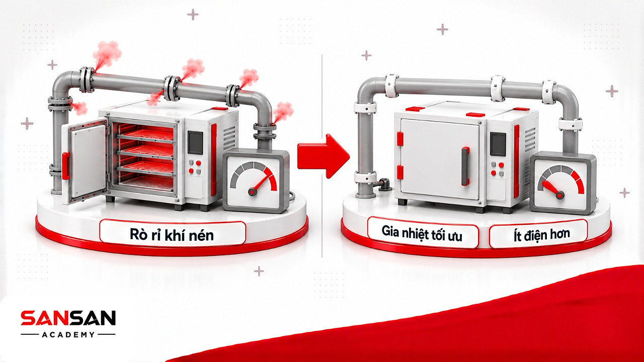 Đường ống khí nén rò rỉ và lò gia nhiệt hở so với khi đã bịt rò rỉ, tiết kiệm điện trong công nghiệp xanh