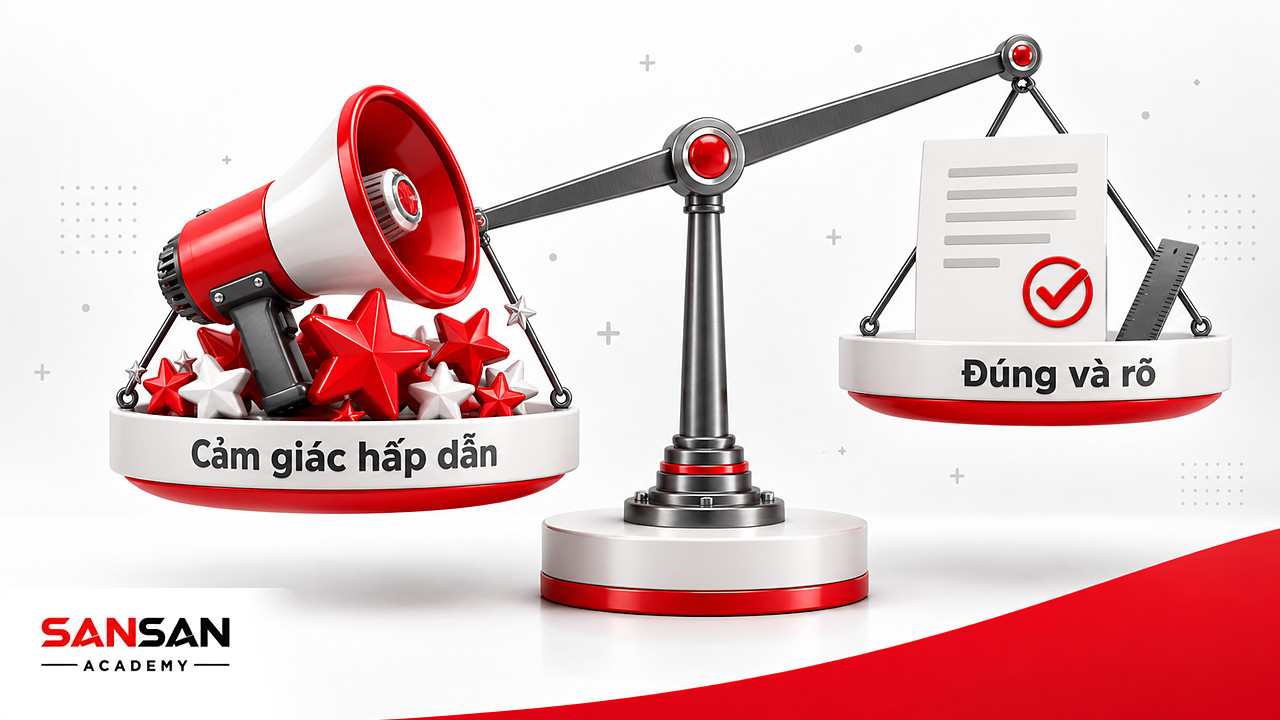 Cán cân nghiêng về loa và ngôi sao lấp lánh, nhẹ bên thẻ headline đúng và rõ, sai lầm khi dùng công thức 4U