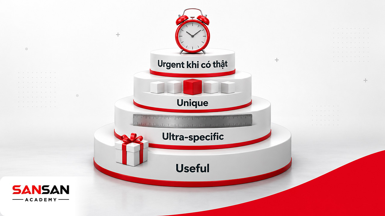Kim tự tháp với Useful và Ultra-specific ở nền, Unique ở giữa, Urgent nét đứt trên đỉnh trong công thức 4U