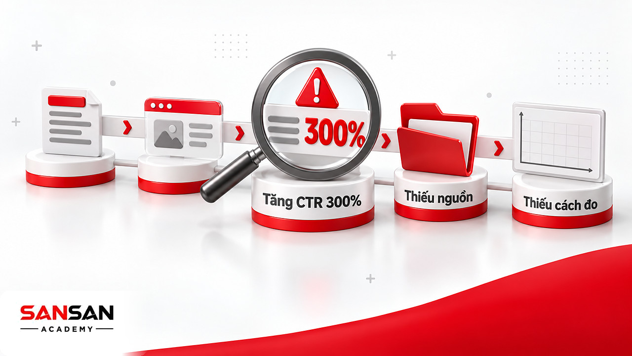 Kính lúp soi con số 300% trên headline, bên dưới là hồ sơ nguồn trống, lỗi số liệu khi áp dụng công thức 4U