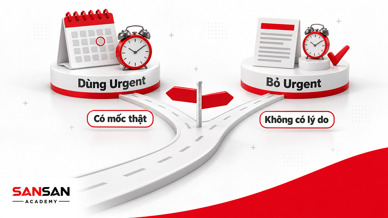Ngã rẽ: một nhánh tới lịch có hạn thật, một nhánh gỡ đồng hồ khỏi headline, cách chọn Urgent trong công thức 4U