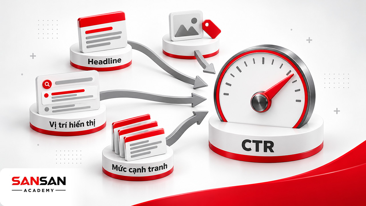 Headline, vị trí hiển thị, ưu đãi và đối thủ cùng dồn về đồng hồ CTR, cho thấy giới hạn của công thức 4U
