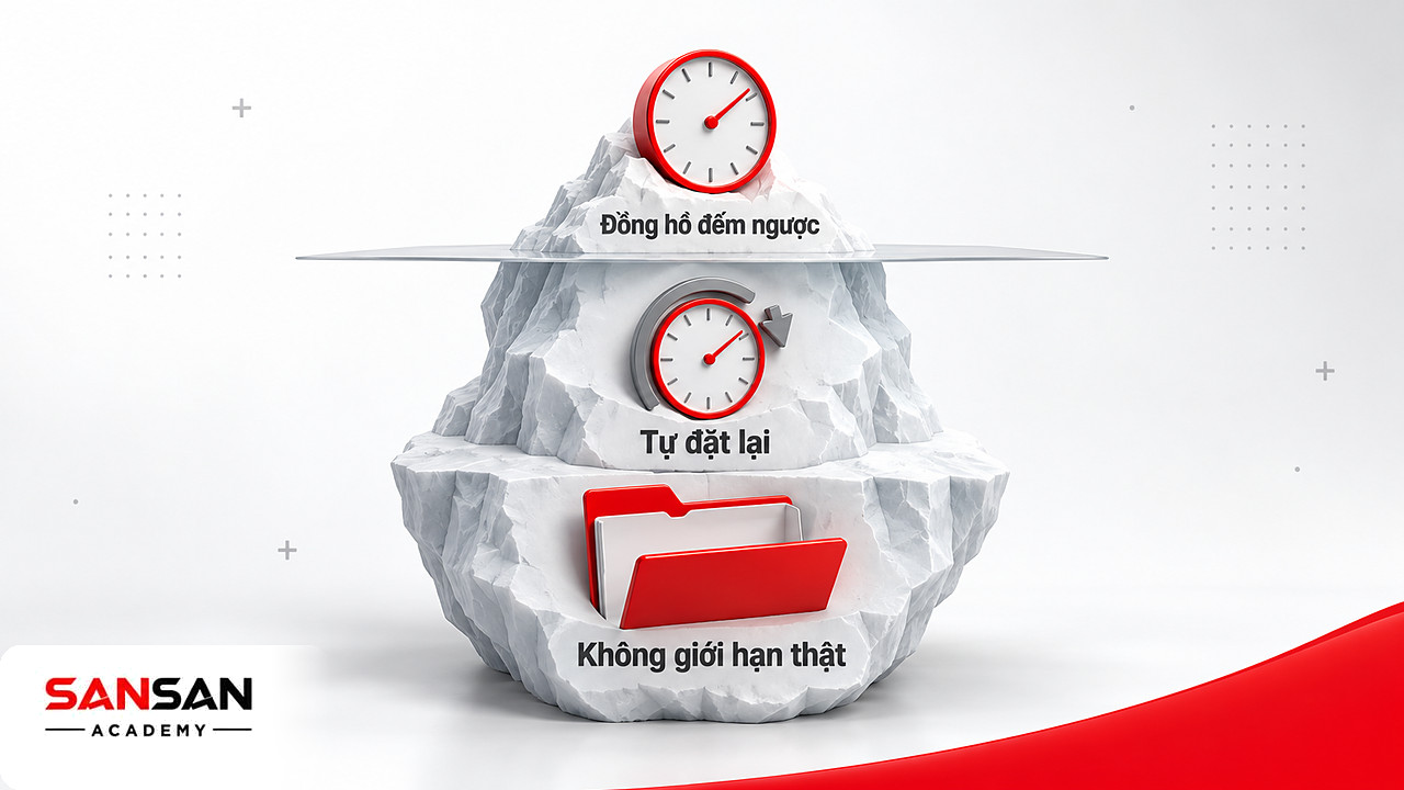 Tảng băng với đồng hồ đếm ngược ở trên, kệ hàng đầy và hồ sơ trống ở dưới, lỗi cấp bách giả trong công thức 4U