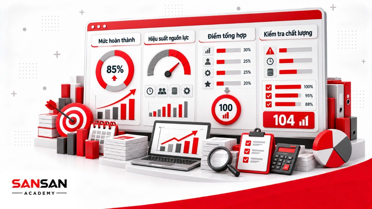 Công thức tính hiệu suất công việc gồm tỷ lệ hoàn thành mục tiêu, đầu ra trên nguồn lực và điểm tổng hợp theo trọng số.