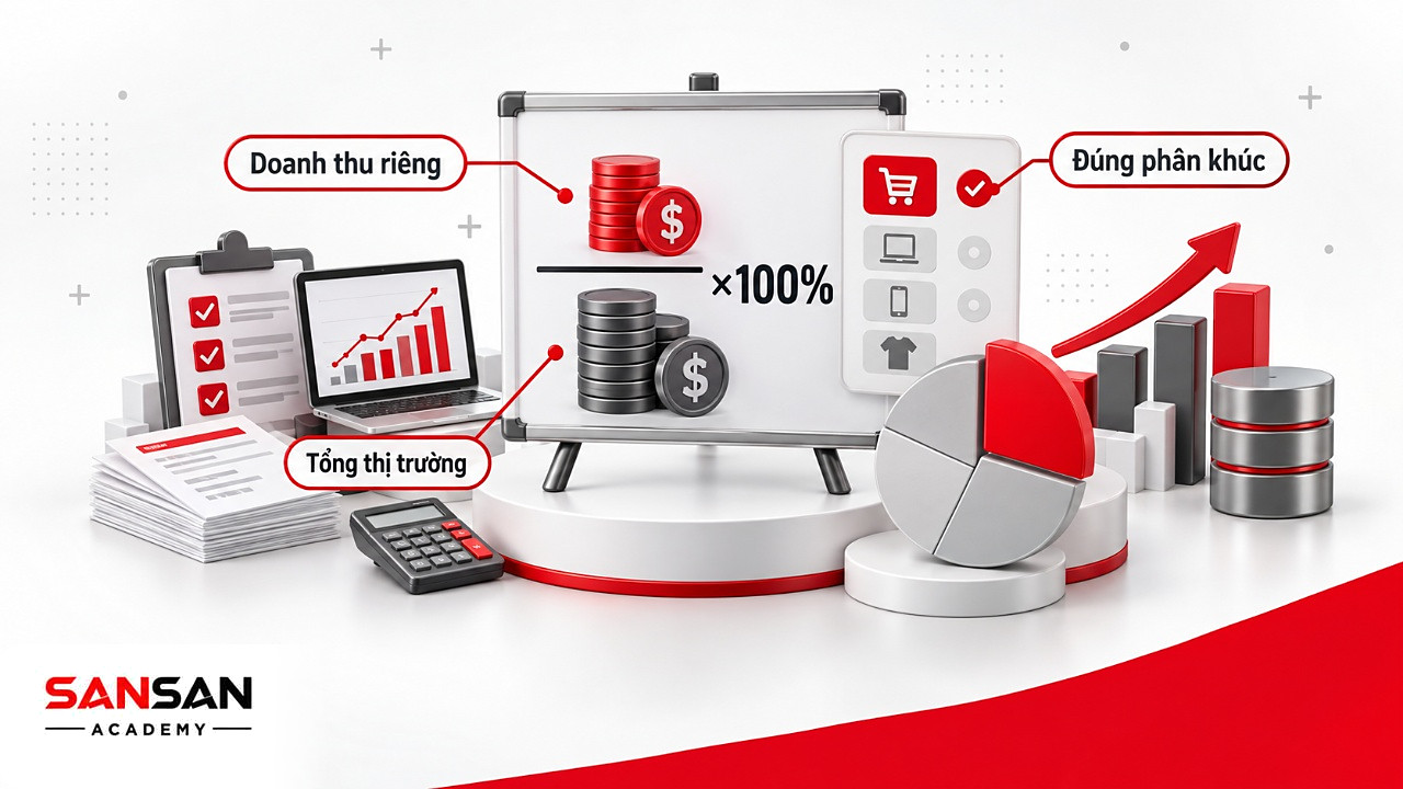 Công thức tính thị phần theo doanh thu: doanh thu doanh nghiệp chia tổng doanh thu thị trường nhân 100%.