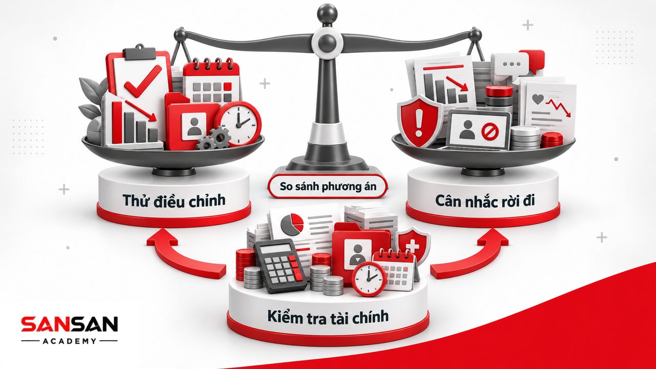 Cân nhắc nghỉ việc khi stress công việc bằng cách so sánh khả năng điều chỉnh, chuyển vị trí hoặc rời đi cùng tình trạng sức khỏe và tài chính.